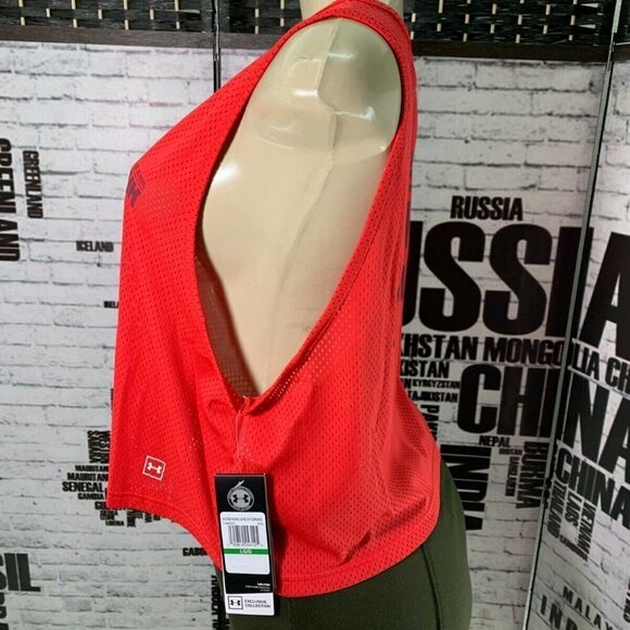 Under Armour L Red Logo Sheer Mesh Scoop Neck Crop Tank Top - Picture 5 of 6
